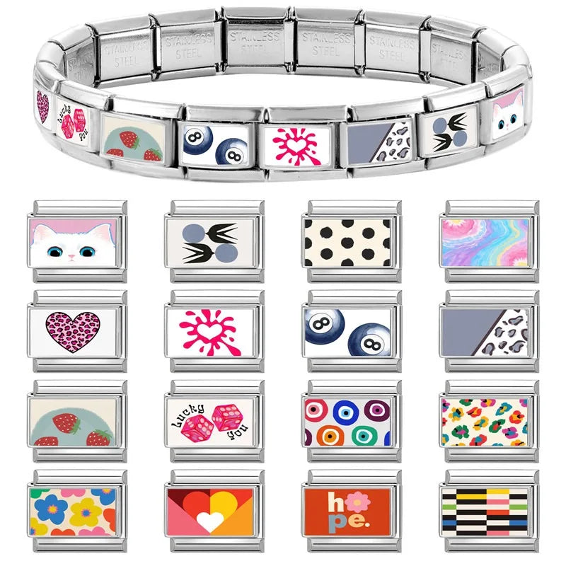 Fashion Women Romantic Heart Lucky you Leopard Polka Point Color Patterns Italian Charm Fit 9mm Stainless Steel Bracelet Jewelry Qme