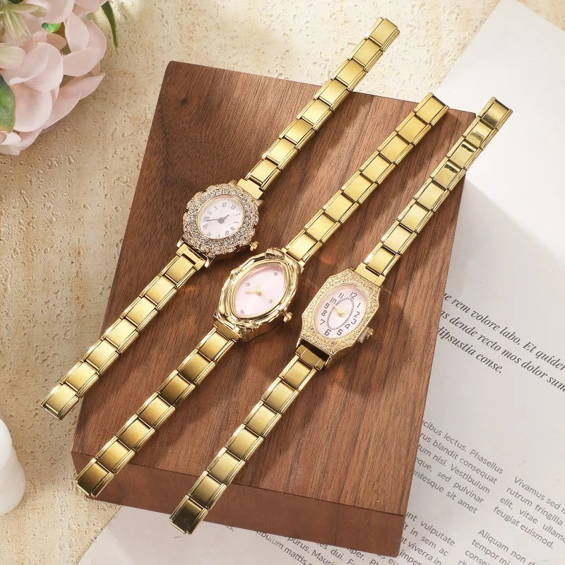 Y2K Vintage Golden High Quality Oval Shiny CZ Stainless Steel Watch Bracelet Women's 9MM DIY Italian Charm Bangle Jewelry Gifts Qme