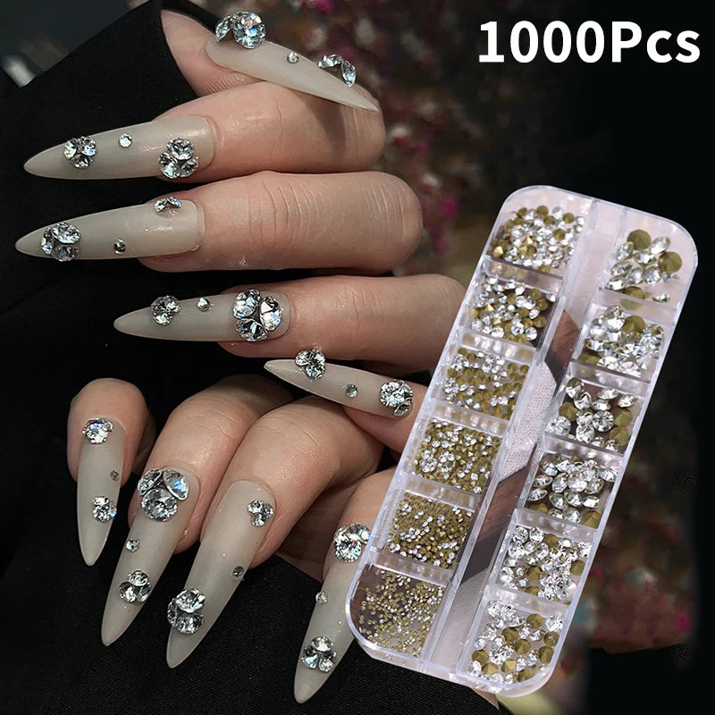 12 Grids Mixed Mini Nail Rhinestones Sharp Bottom Flash Art Crystal Qme