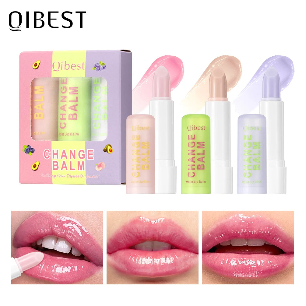 QIBEST 3Pcs Color Changing Lip Balm Makeup Sets Moisturizing Tinted Lipstick Lasting Lip Stain Tint Nourishing Repair Lip Care Qme 3 Colors Sets