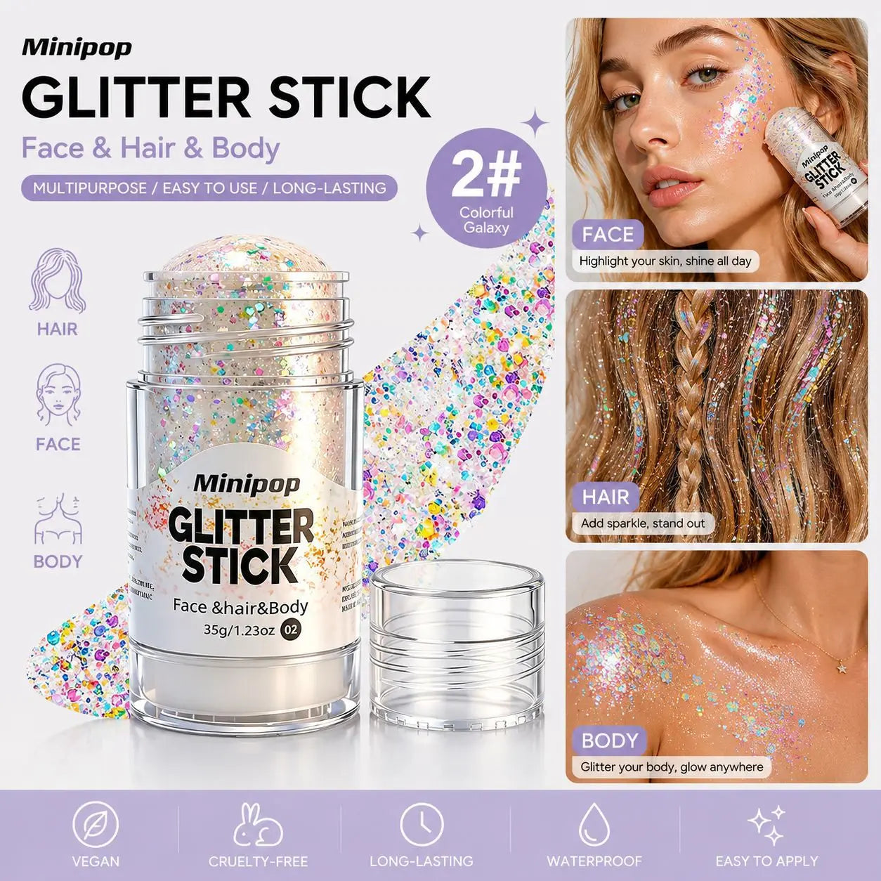 Aurora White Glitter Sequins Stick Face Hair Body Glitter Gel Waterproof Long Lasting Green Purple Shimmer Makeup Party Cosmetic Qme 02 35g