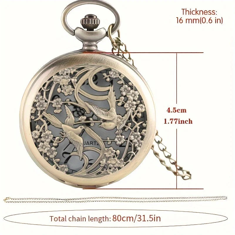 Retro Copper Magpie Animal Engraved Necklace Pendant Quartz Pocket Watch Qme