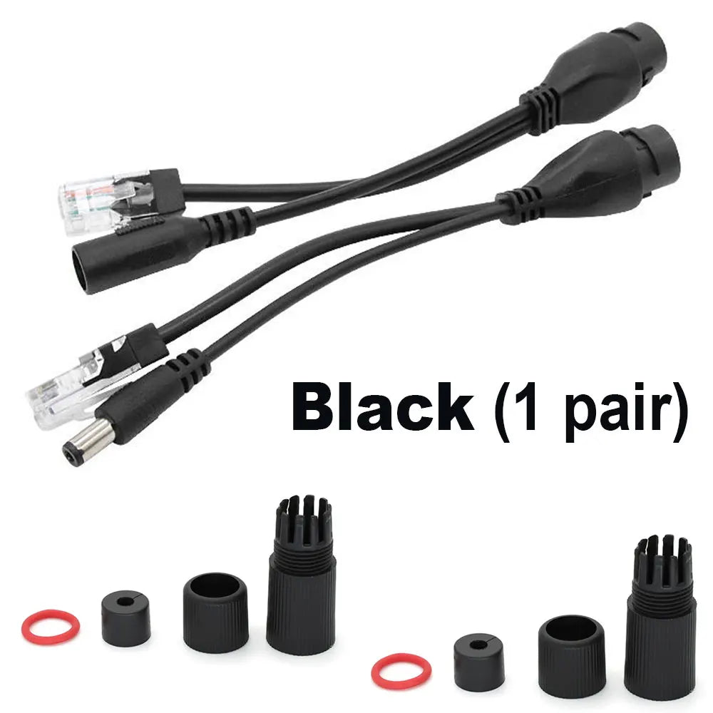 2pcs Gigabit PoE Splitter Cable 48V Input Multi-Voltage Output 5V/12V/24V DC 5.5x2.1mm Jack IP65 Waterproof for IP Camera Qme Black-2pairs