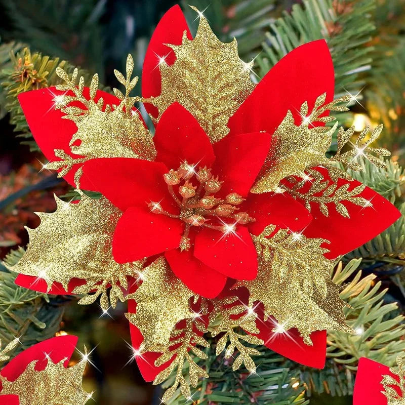 Christmas Red Gold Glitter Flowers Artificial Poinsettia Flower for Xmas Tree Ornaments Navidad New Year Party Home Decoration Qme