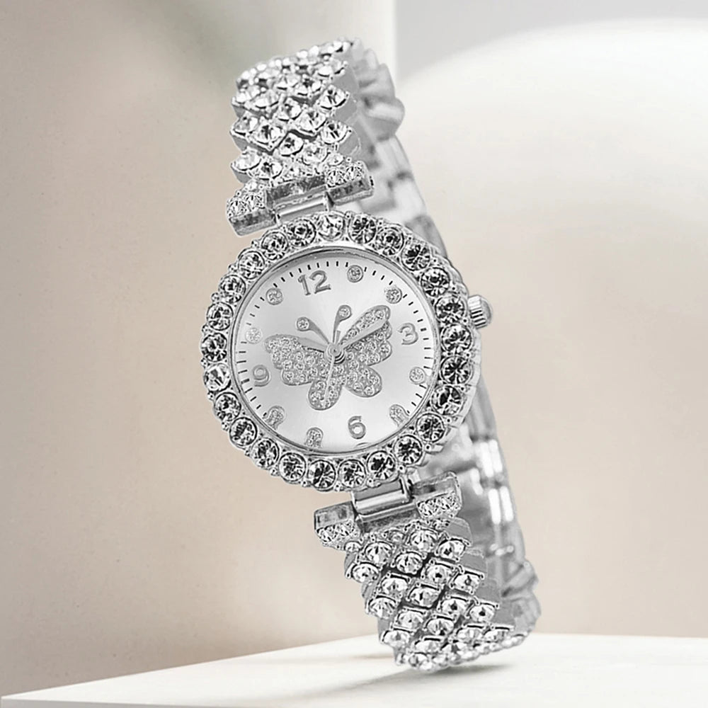 5PC Luxury Women Watch Set Fashion and Trendy With Rhinestone Butterfly Element Dial Quartz Watch Bracelet Set Perfect Gift Qme