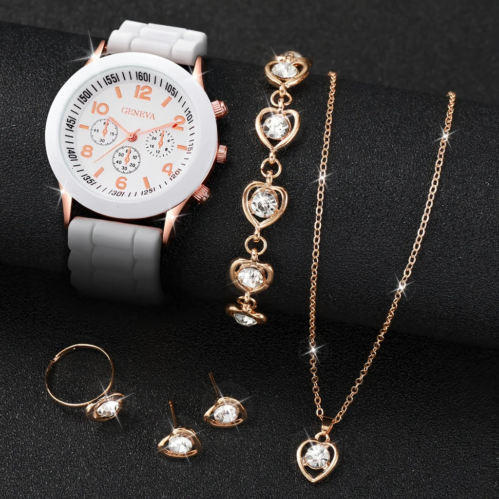 6 Pçs/set Relógio Feminino Casual Banda de Silicone Analógico Relógio de Quartzo Strass Coração Conjunto de Jóias (Sem Caixa) Qme
