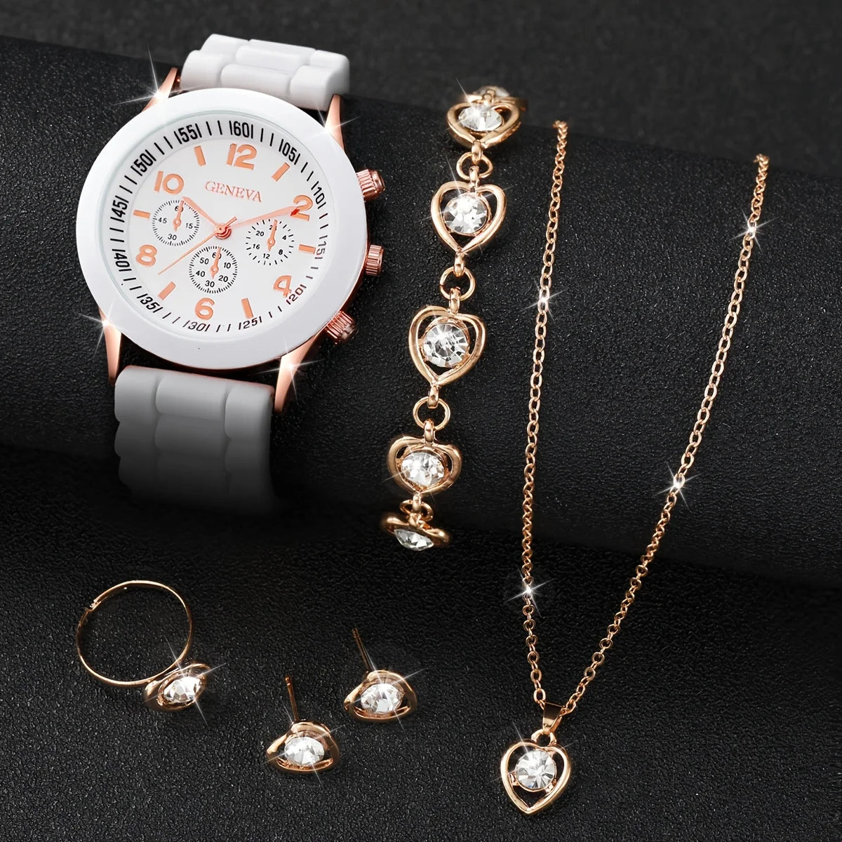 6 Pçs/set Relógio Feminino Casual Banda de Silicone Analógico Relógio de Quartzo Strass Coração Conjunto de Jóias (Sem Caixa) Qme