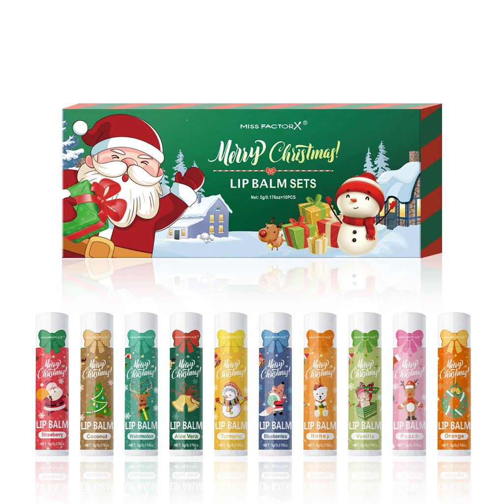 10PCS/Box Christmas gift box, lip balm set, deeply hydrating lip moisturizer, lip color brighten, gift to women Qme 10PCS Christmas gift