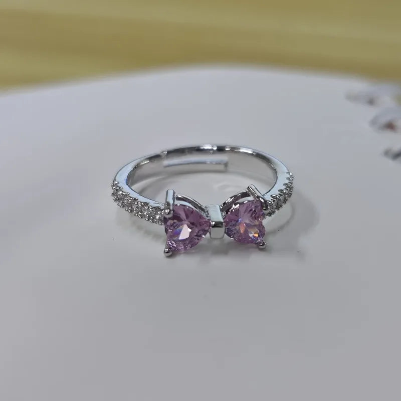 Pink Heart Cubic Zirconia Bow Shape Adjustable Open Ring Silver Plated Promise Wedding Band Women Daily Jewelry Birthday Gift Qme
