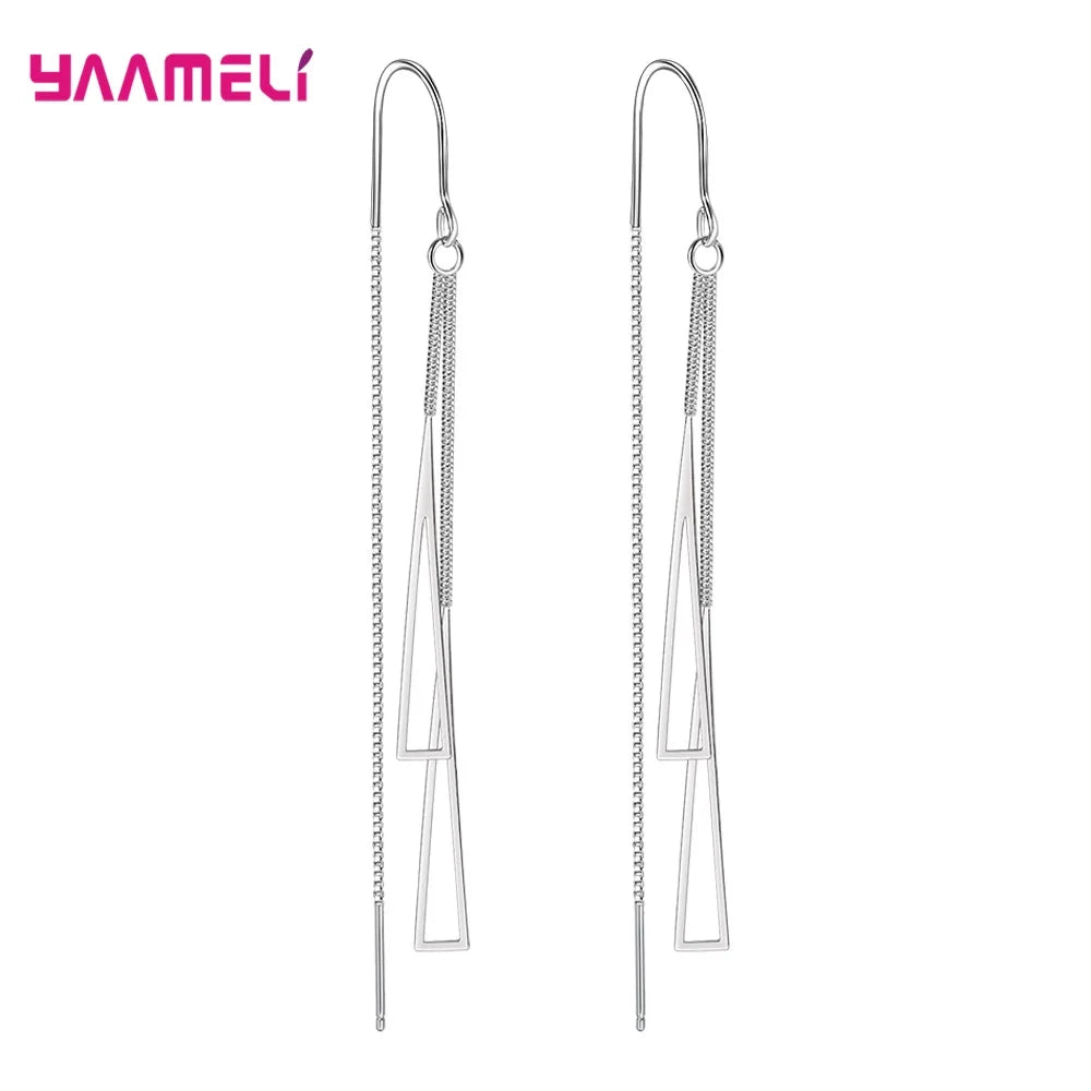 925 Sterling Silver Color Earrings Fashion Jewelry Geometric Tassel Long Box Chain Thread Pendientes Ear Decoration Ornaments Qme