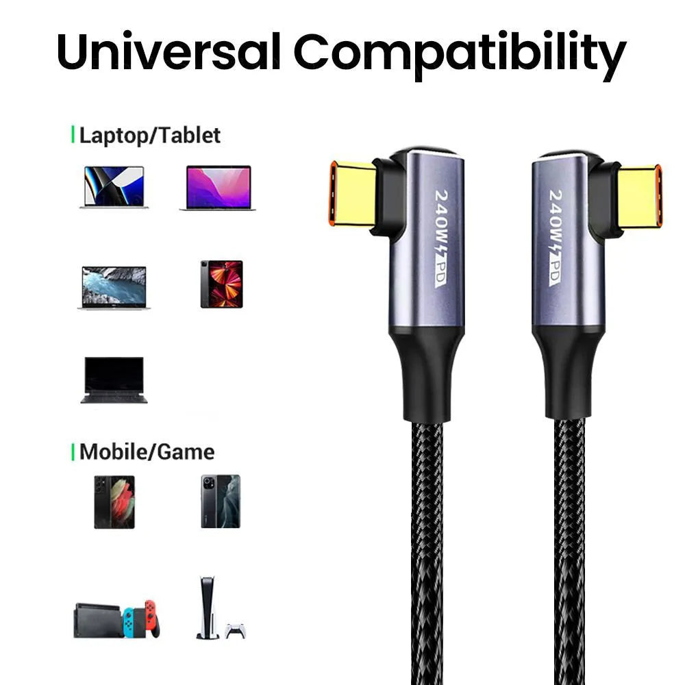 240W 90 Degree Type-C Data Cord PD High-Speed Data Line USB C Fast Charging Cable for Mobile Phone iPhone Samsung Xiaomi Huawei Qme