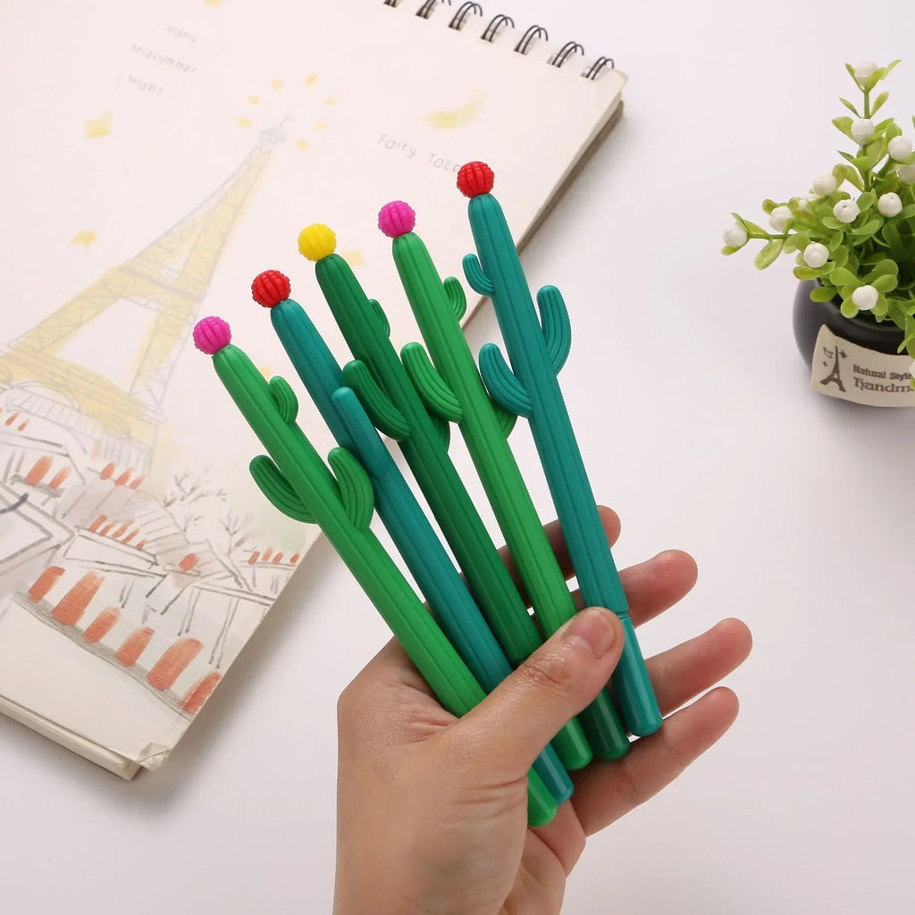 12pcs Creative Cactus Shaped Ballpoint Pen Black 0.5mm Gel Ink Ballpoint Pen For School Home Office Black Signature Pen Qme