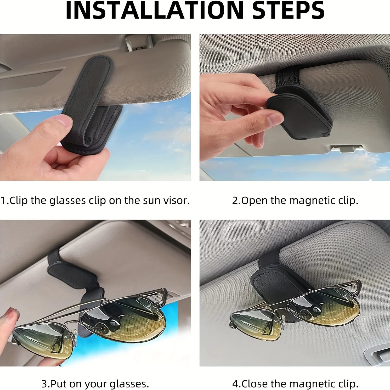 4pcs Sunglasses Holders For Car, Magnetic Genuine Leather Sunglasses Clip For Car Visor, Car Interior Visor Accessories Qme