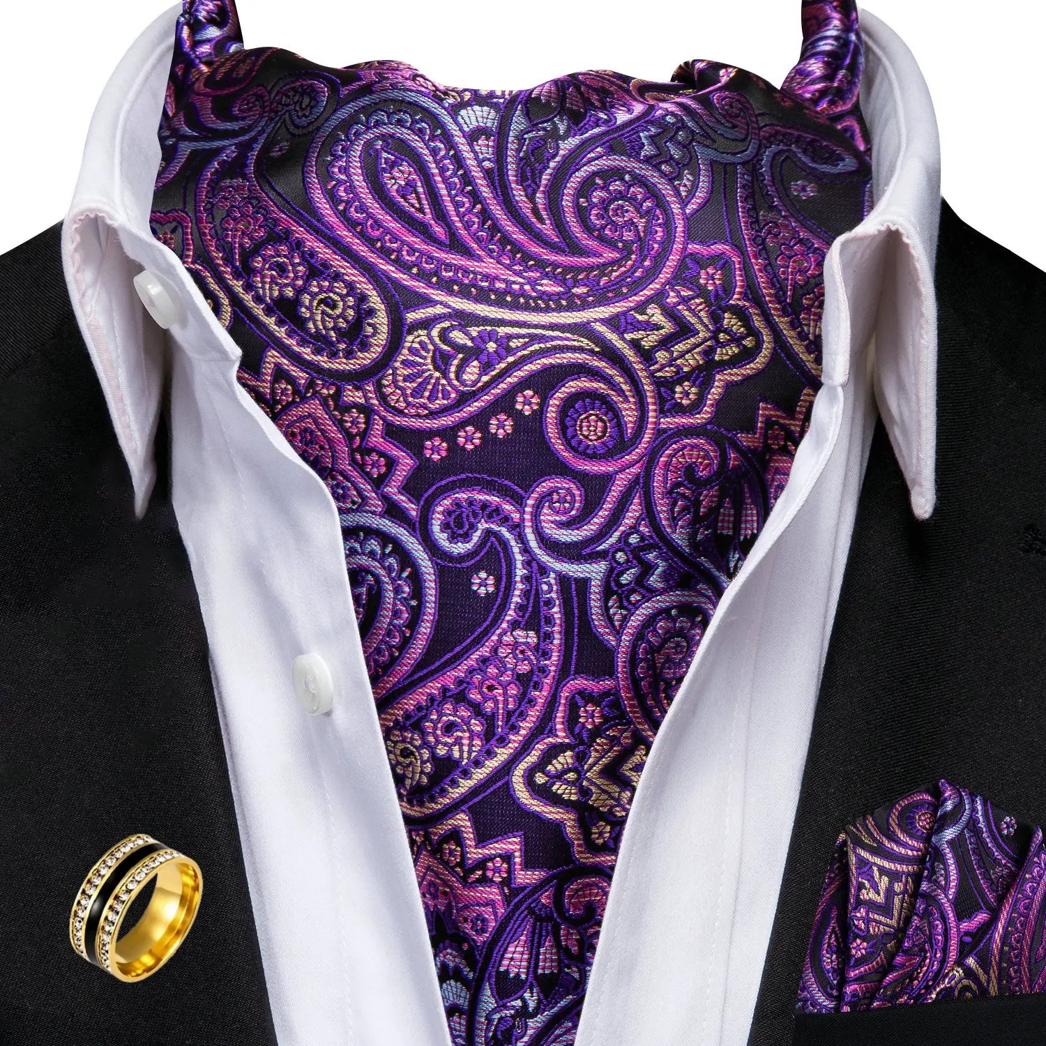 Ascot Tie Set, Classic Cravat with Pocket Square & Decorative Ring, Fashion Men's Neck Accessories Wedding silk Party Daily Wear Qme AS-1176-JZ0020