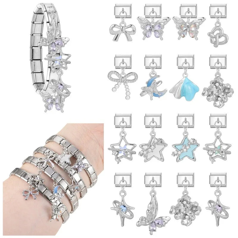 Fashion Blue Sereis Star Pearl Moon Butterfly Italian Charm Links Fit 9mm Stainless Steel Bracelet Women Jewelry DIY Making Gift Qme