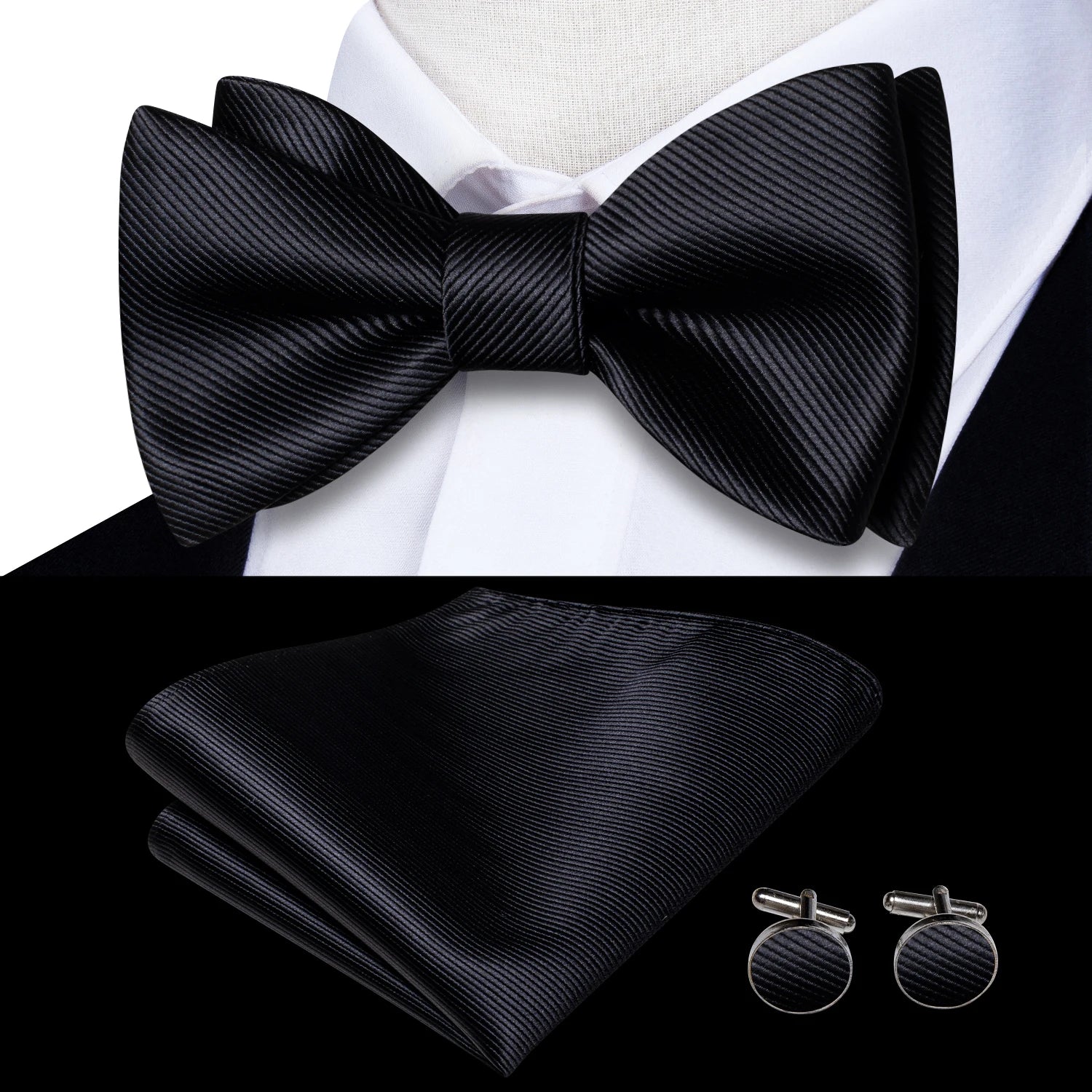 Hi-tie Silk Mens Self Bow Tie Hanky Cufflinks Blue Red Gold Black Qme LH-2083