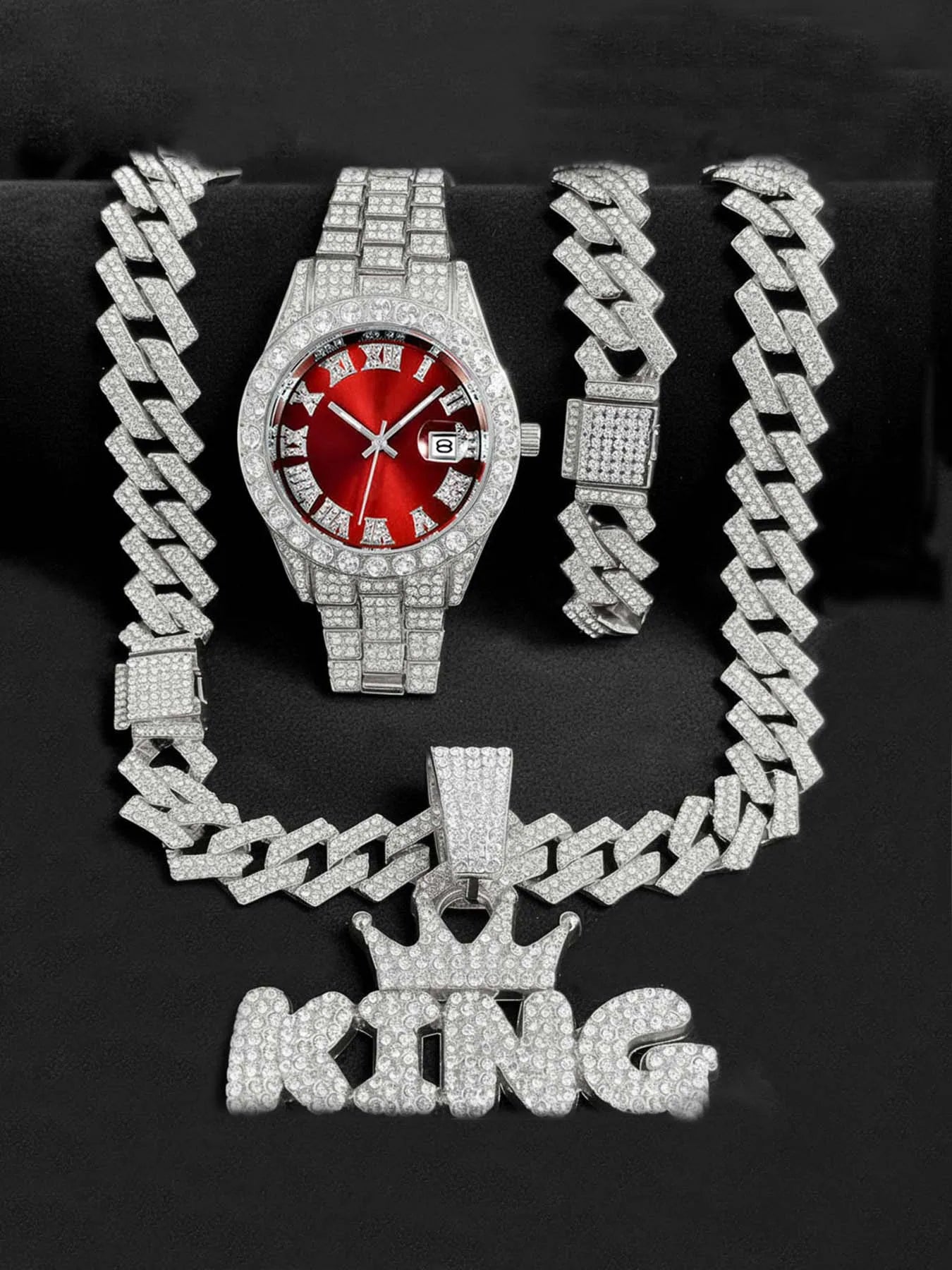 Men's Bling Jewelry Set: Gold Iced Out Watch + Cuban Link Chain + Bracelet + "KING" Crown Pendant Necklace, 3Pcs Hip Hop Set Qme Pink