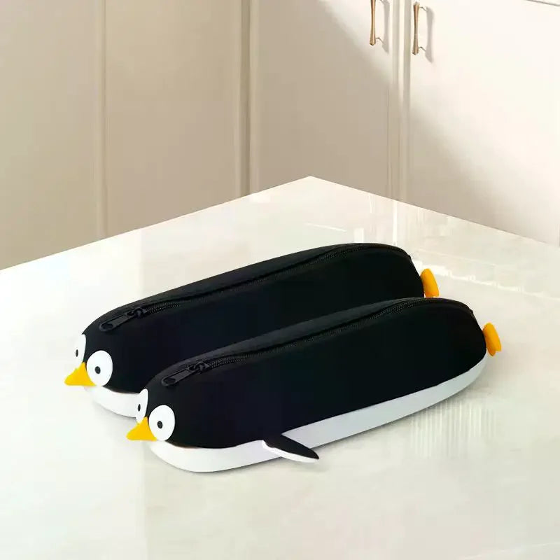 Cute Penguin Shaped Silicone Pencil Case Large Capacity Waterproof Qme