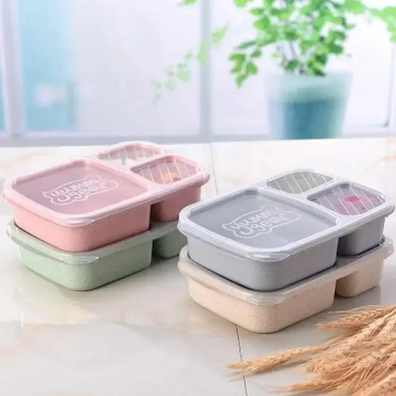 Portable Lunch Wheat Straw Box Single Layer 3 Grid Lid Microwave Food Qme