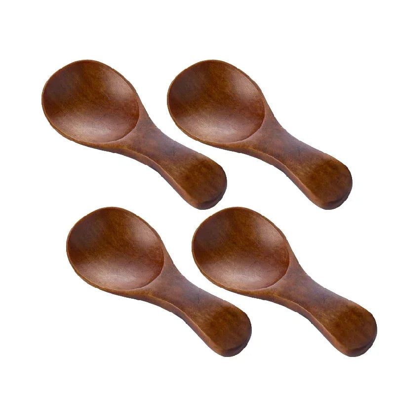 Mini Wooden Spoons Small Kitchen Spice Condiment Spoon Sugar Tea Coffee Scoop Short Handle Wood Kids Spoon Kitchen Gadgets Qme 4pcs brown