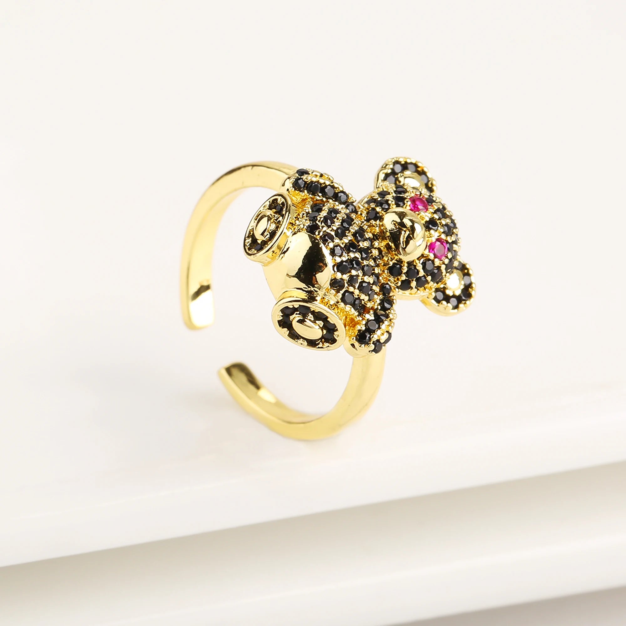 Cute Shiny Cubic Zirconia Animal Bear Ring Adjustable High Quality Women Fashion Party Jewelry Gift Daily Wear Dropshipping Qme Black resizable