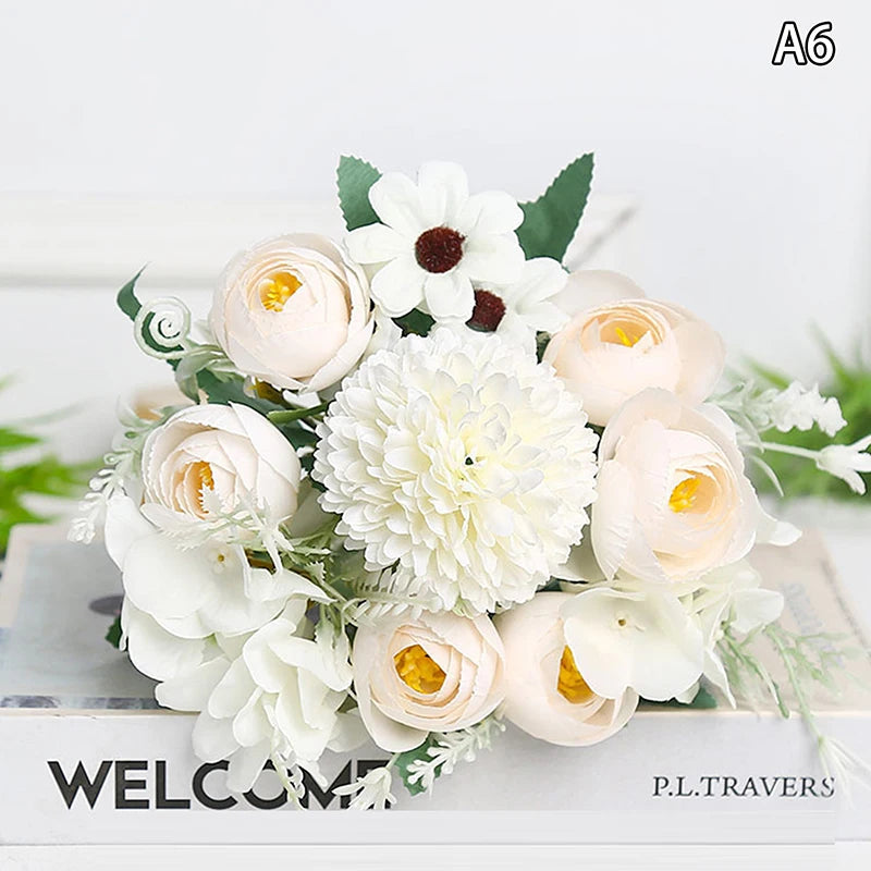 Artificial 1PC Flowers Wedding Home Bedroom Decoration Bridal Bouquet Garden Fake Silk Roses Hydrangeas Vase For Board Outdoors Qme style 12