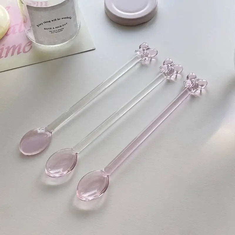 Pink Bow Glass Coffee Spoon, Long-handled Dessert/milk Tea Stirring Spoon, Heat-resistant Teaspoon, Household Kitchen Tool. Qme