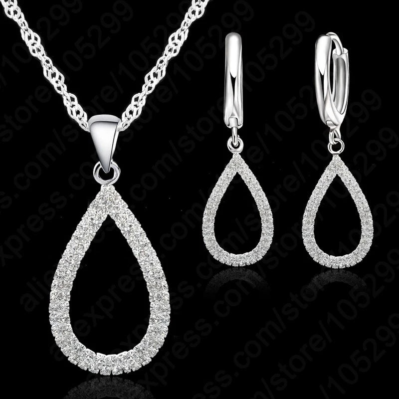 925 Sterling Silver Stamped Bridal Jewelry Sets CZ Crystal Water Drop Necklaces Hoop Earrings Women Girls Engagement Anniversary Qme Default Title