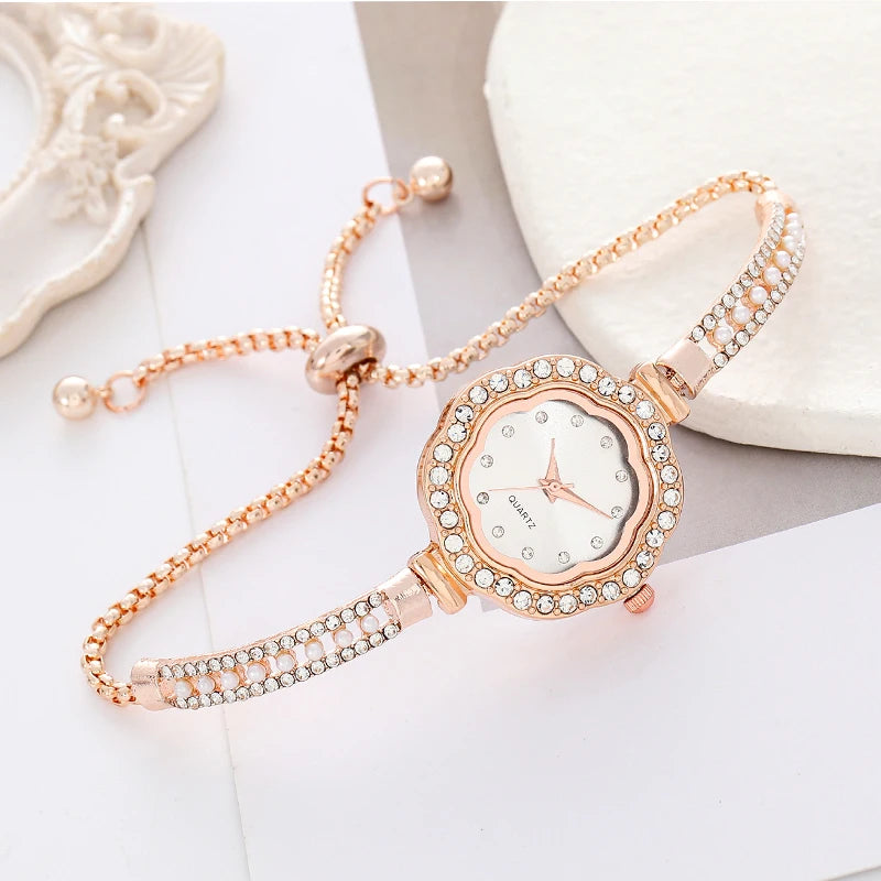 1pcs Floral Colorful Dial Fashion Small Light Luxury Pearl Strap Women's Watch Features Pulling Bracelet Qme