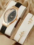 Fine leather with rhinestone fashion women's watch half diamond ball rolling sand women's quartz watch set Qme black