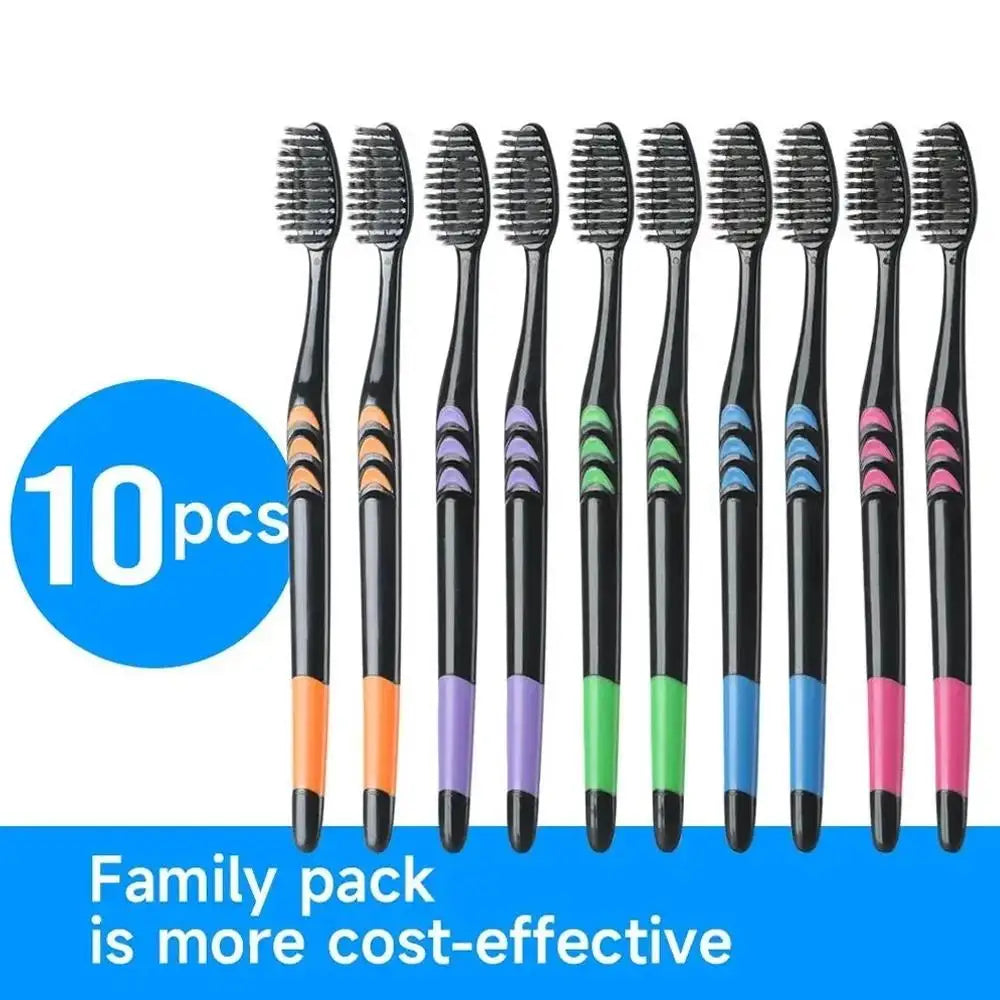10 Count Soft Toothbrushes Adults Black Charcoal Ultra Sensitive Gums Qme