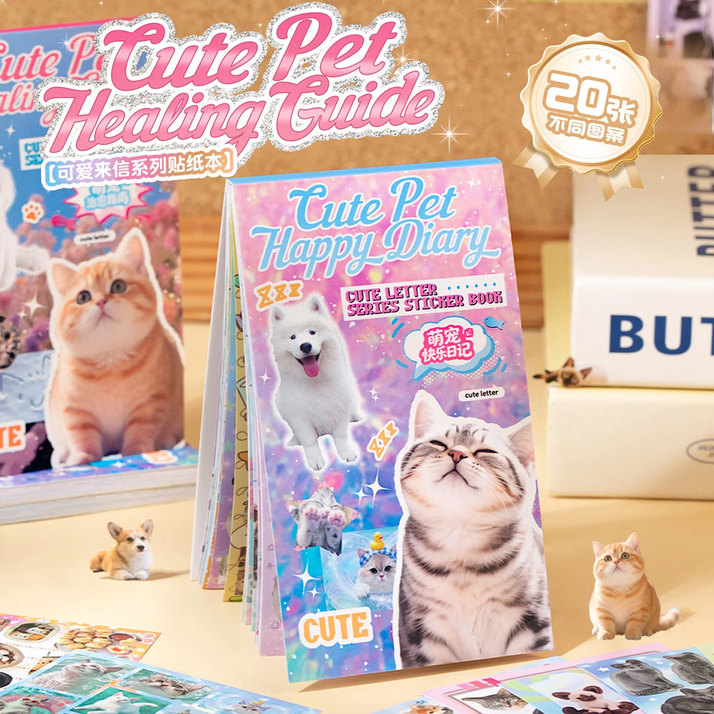 Cute PET Die Cut Stickers Book - 20/40 Sheets Cartoon Pet Theme Handmade Scrapbooking Material for Phone Stickers Qme