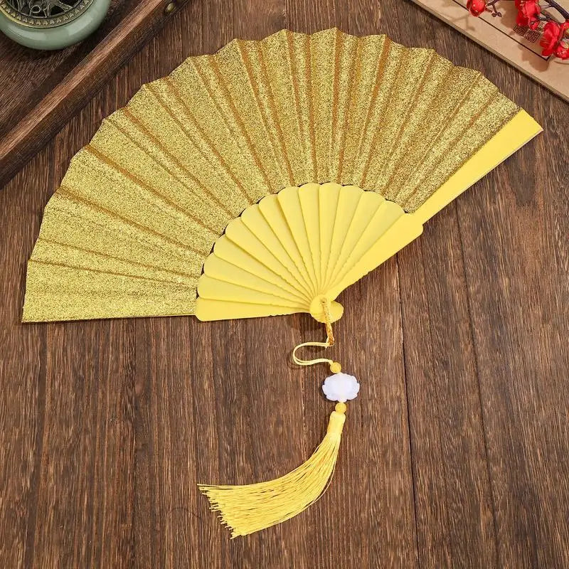 Gold Powder Plastic Fan Art Craft Home Decor Vintage Folding Chinese Qme A20