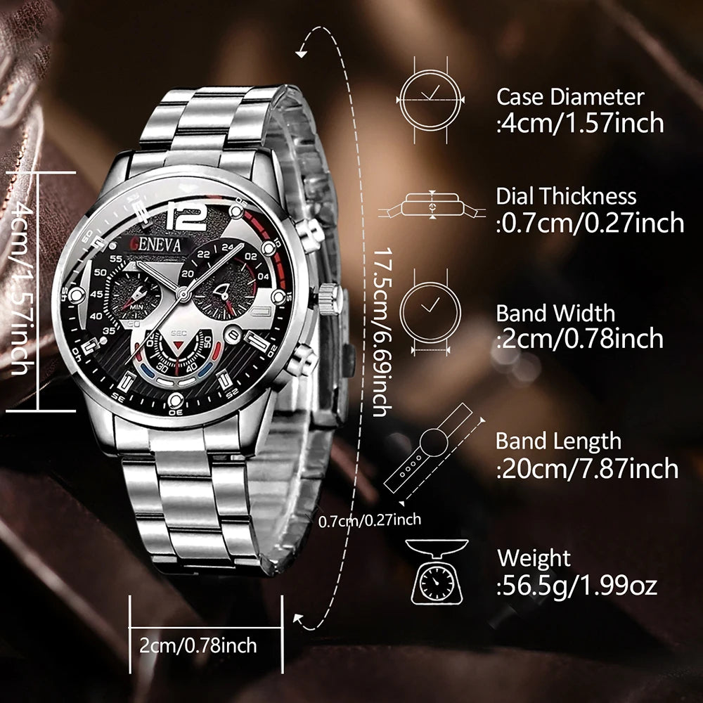 4Pcs Mixed Style Geneva Men Chronograph Watch Set Alloy Metal & Leather Strap Black Roman Dial Quartz Wristwatch Qme