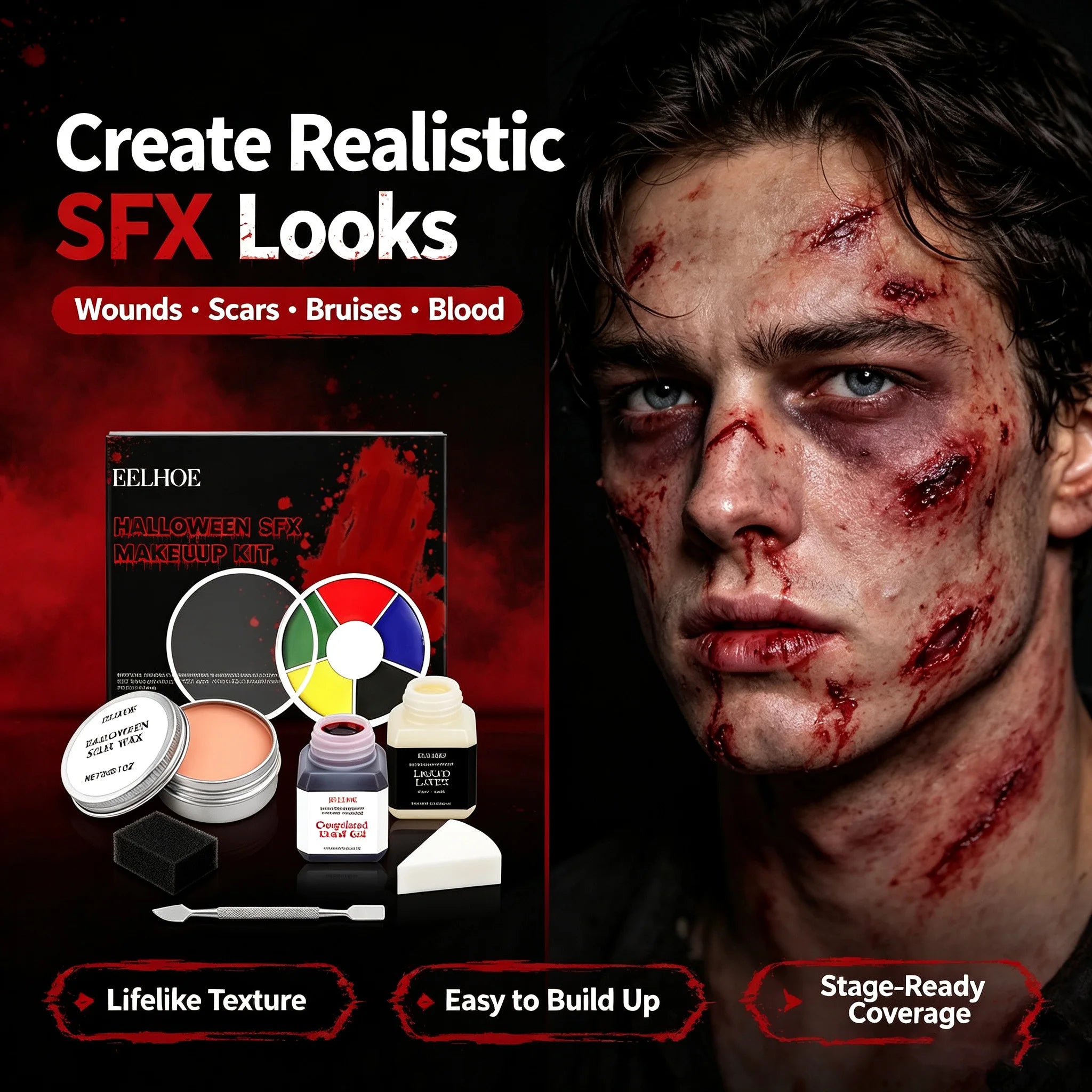 Halloween SFX Makeup Kit Scar Wax Coagulated Blood Gel Liquid Latex 6Color Palette Realistic Washable Special Effects Makeup Kit Qme