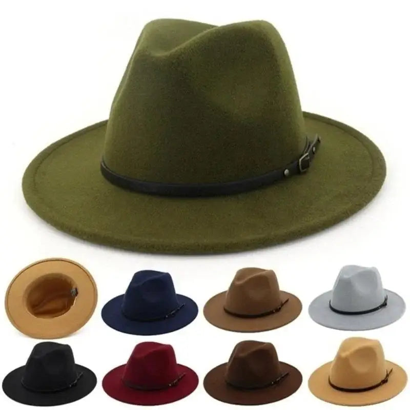 Men Women Fashion Vintage Simple Solid Wide Brim Felt Jazz Cap Church Qme