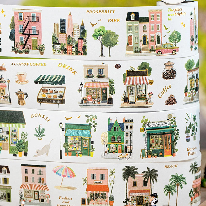 European Town Streetscape Washi Tape & Stickers, Vintage House Pattern, Base Tape for Junk Journal, DIY Collage Supplies Qme