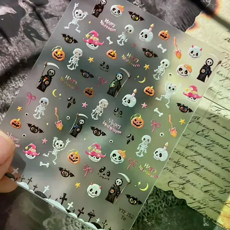 Halloween Nail Stickers Cute Star Moon Skeleton Pattern Decals Easy Qme