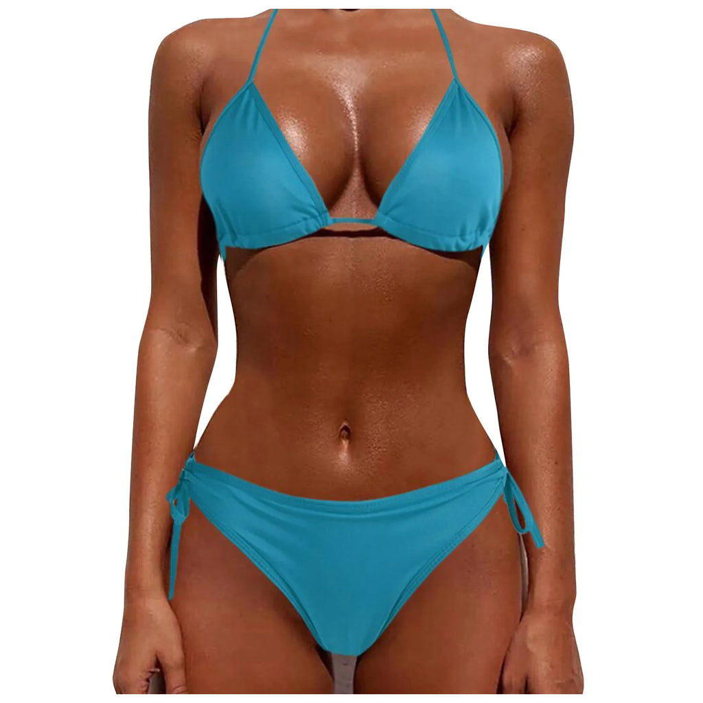 Sexy Women Bikini Brazilian Swimsuit Push-Up Bra Bikini Set Two Piece Swimwear Solid Color Lace Up Bathing Suit (No Padding) Qme