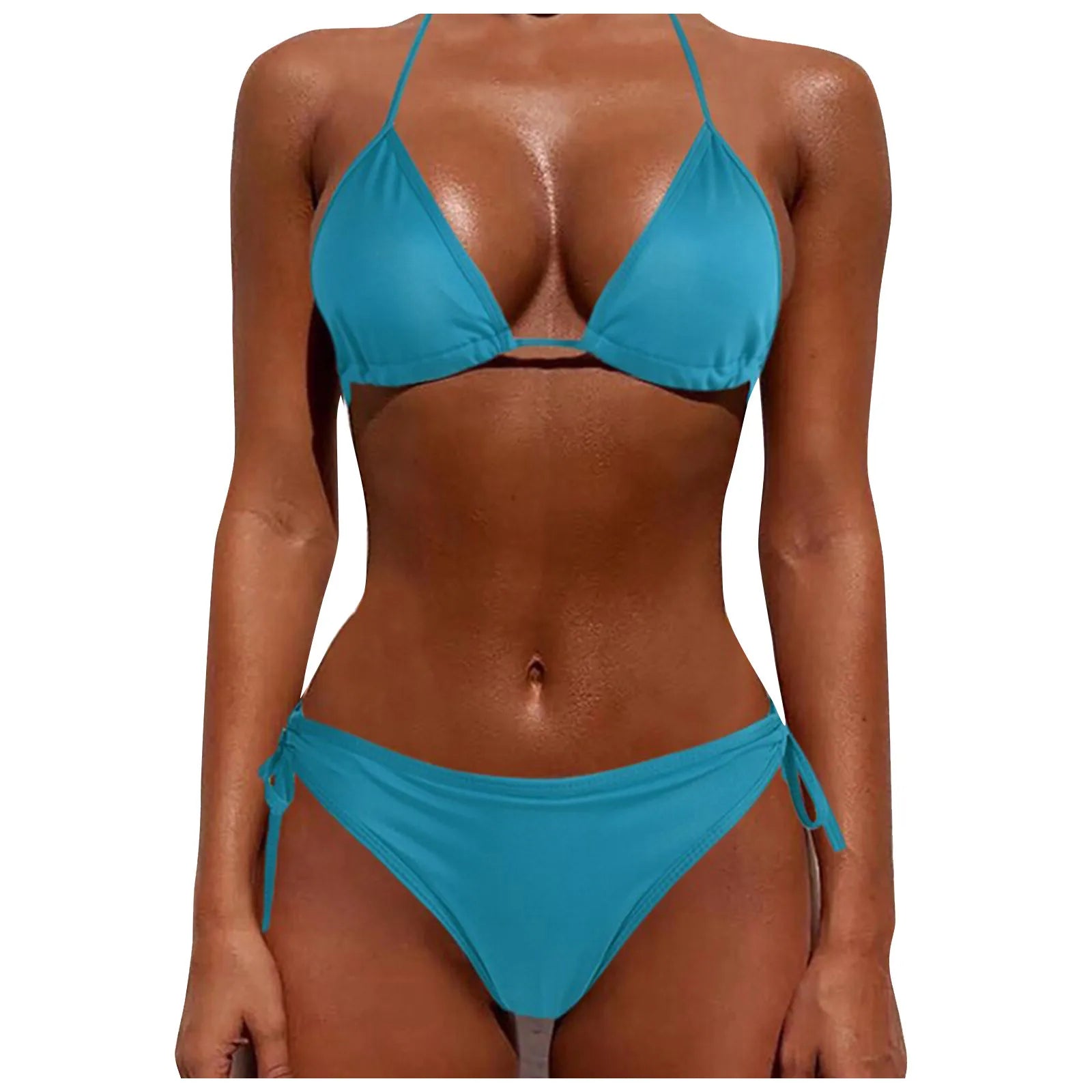 Sexy Women Bikini Brazilian Swimsuit Push-Up Bra Bikini Set Two Piece Swimwear Solid Color Lace Up Bathing Suit (No Padding) Qme