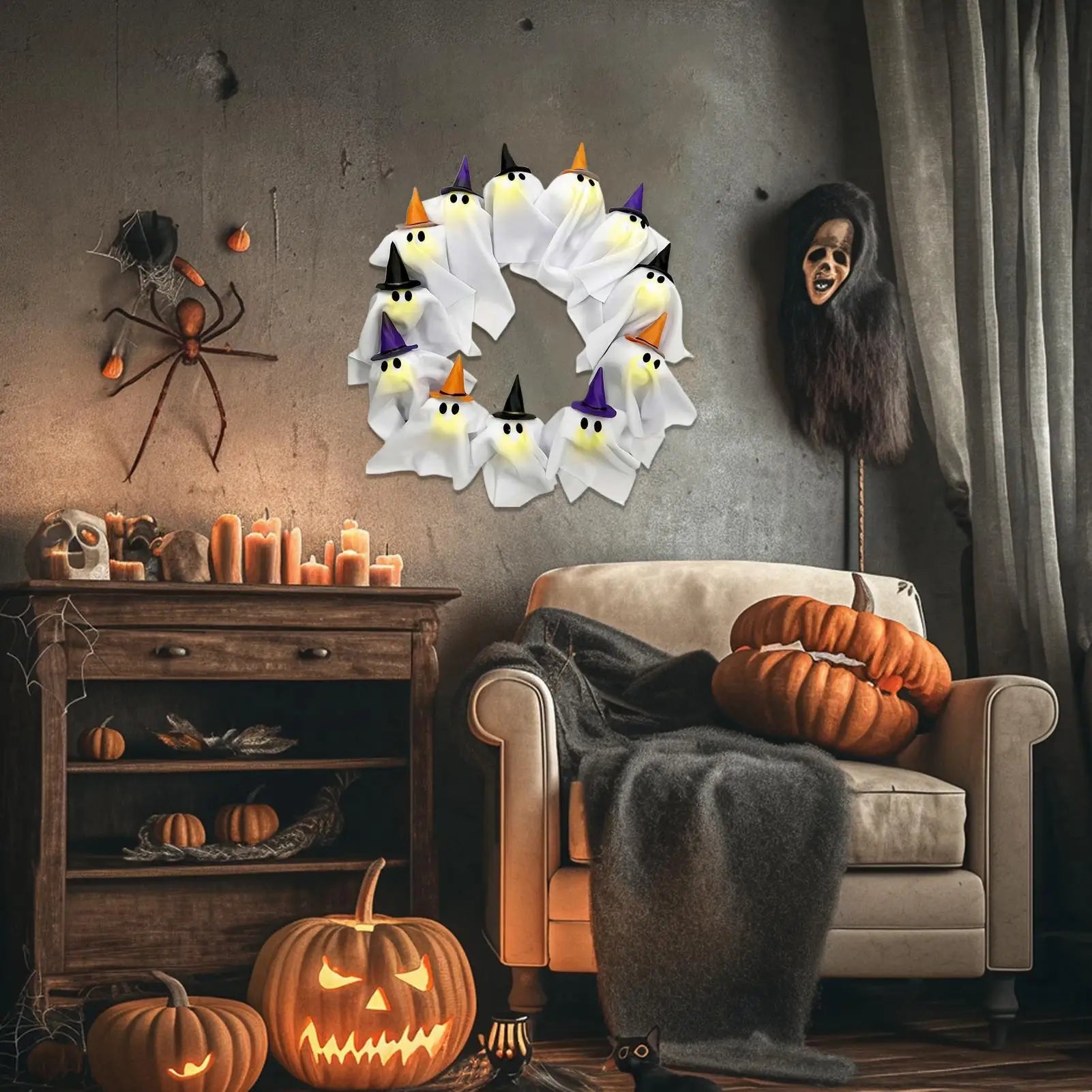 Ghost Wreath 12-LED Ghost Halloween Front Door Decoration Cute Scary Decor Home Party Decoration for Balcony Wall Lawn Patio Qme