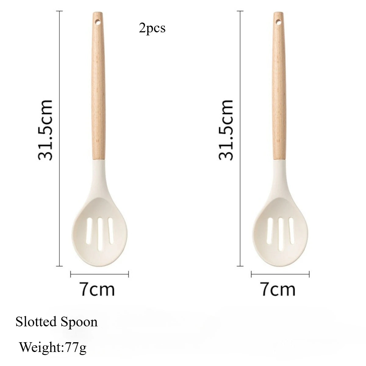 2/12Pcs White Silicone Kitchen Utensils Set with Wooden Handle,Cookware Spatula, Heat Resistant Non-stick Kitchen Cooking Tools Qme Slotted Spoon-2pcs