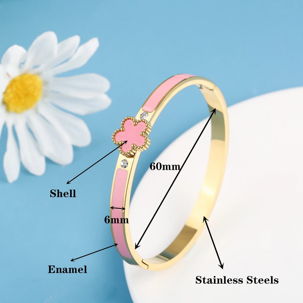 2pcs Gold Color Stainless Steel Five-Leaf Flower Bangle Simple For Woman Party Wedding Exquisite Wrist Jewelry Fine Clover Gift Qme