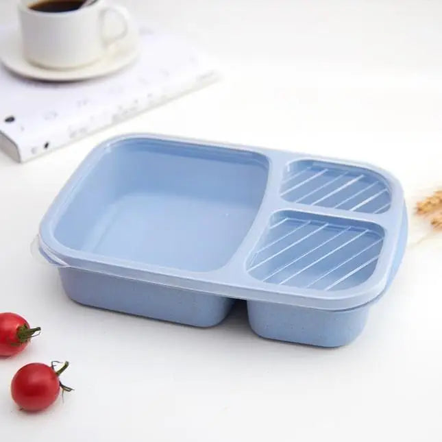 Portable Lunch Wheat Straw Box Single Layer 3 Grid Lid Microwave Food Qme Blue 1Pcs