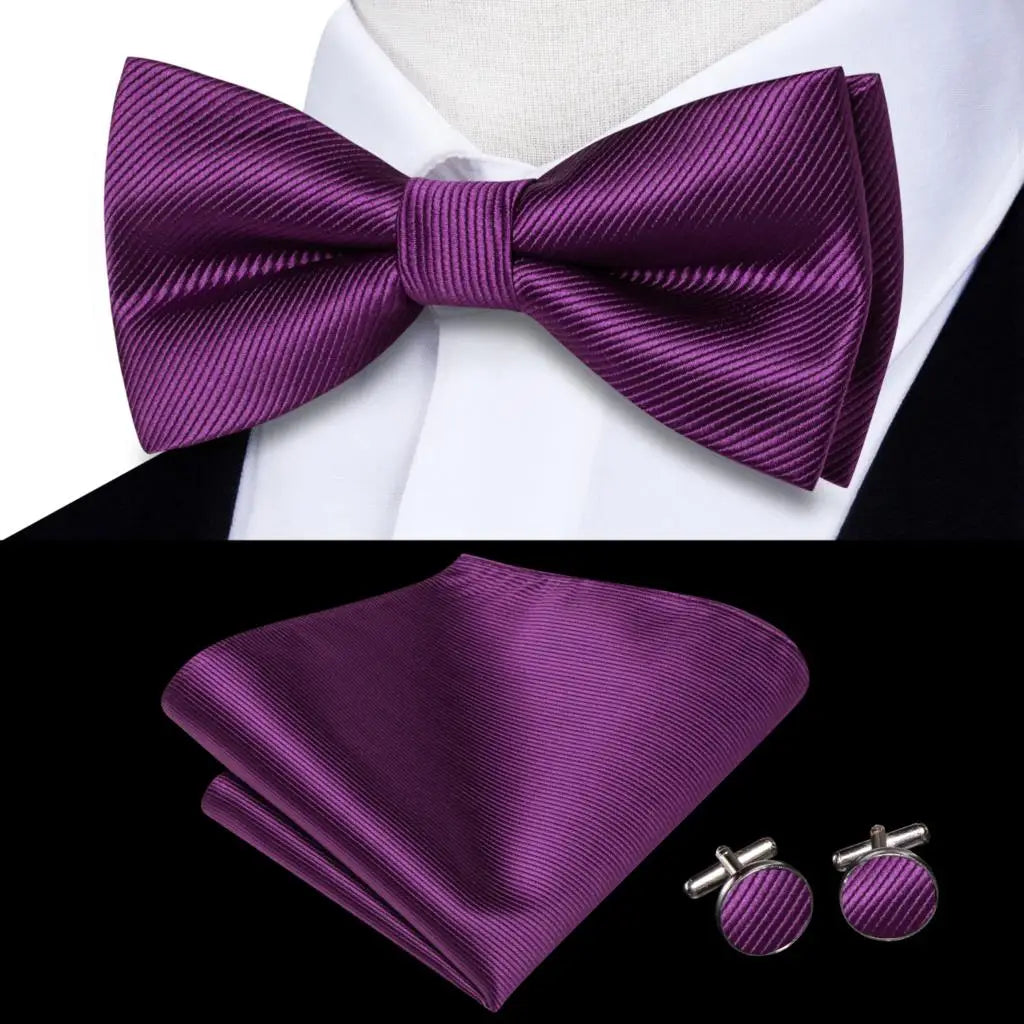 Purple Lilac Lavender Pansy Violet Silk Mens Bow Tie Hanky Cuffs Set Pre-tied Butterfly Knot Bowtie for Male Wedding Business Qme LDLH0597