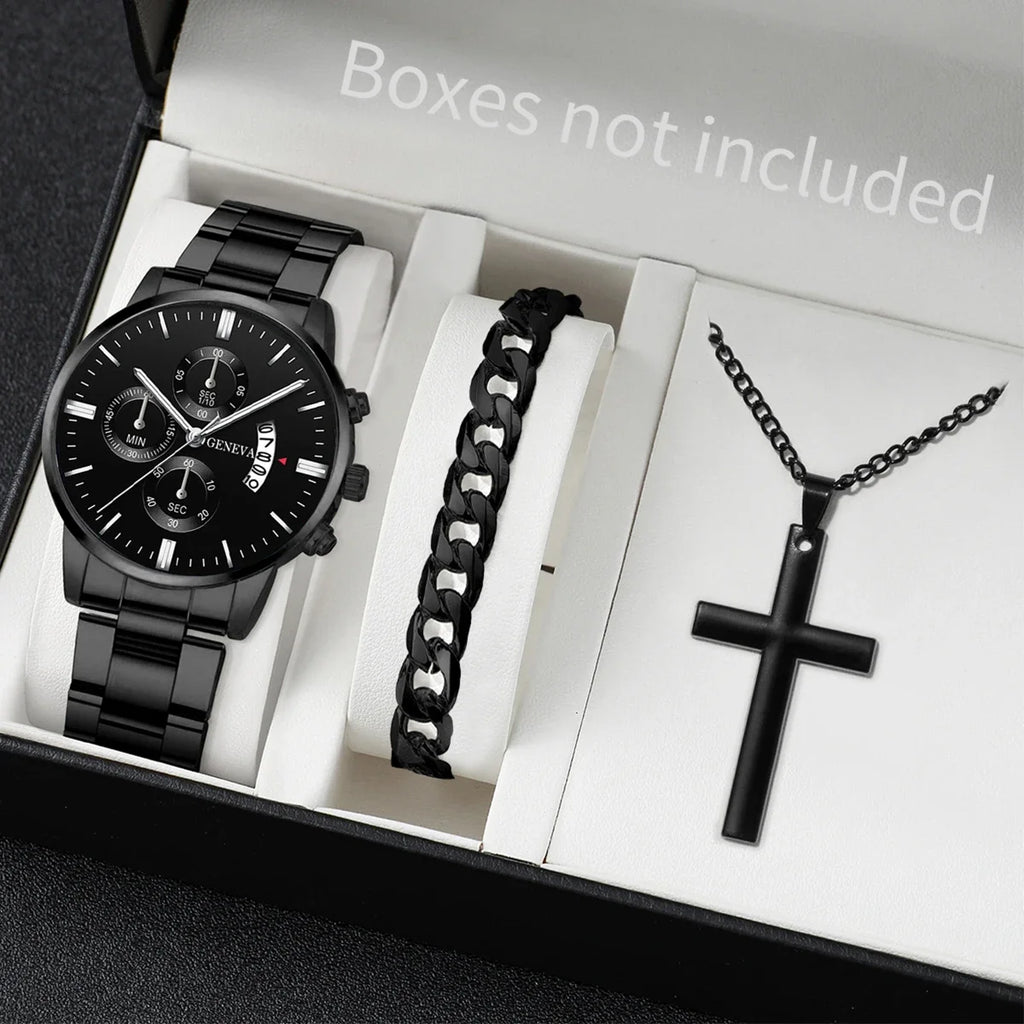 Classic Silver Tone Male Accessory Kit, Analog Chronograph Steel Band Watch with Thick Cuban Link Bracelet Cross Pendant Necklac Qme