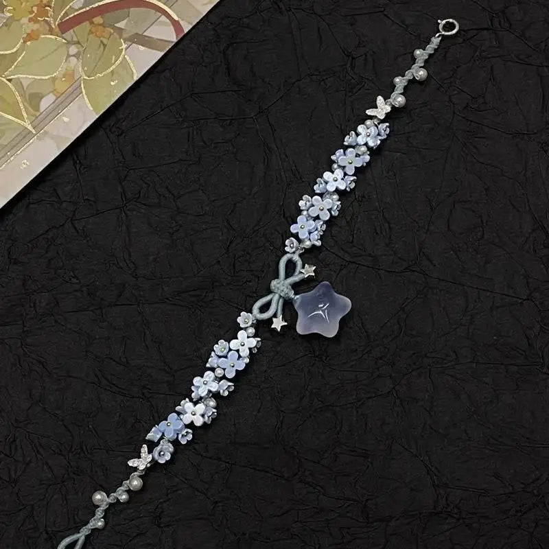 Blue Flower Braided Bracelet With Star Butterfly And Faux Pearl Accents Perfect For Daily Wear Gift For Girls Fashion Jewelry Qme