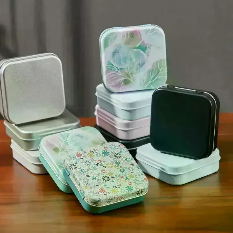 2Pcs Square Colored Flip Top Tin Box Portable Jewelry Candy Medicine Storage Box Hand Sticker Case Earphones Organizer Qme