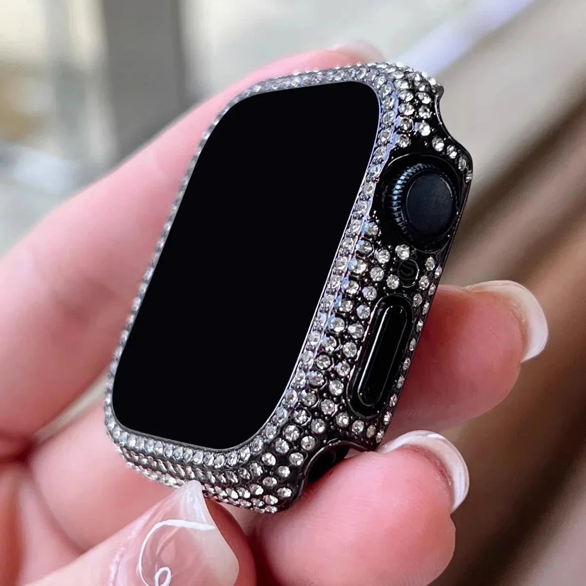 1pc Rhinestone Decor Tempered Glass Screen Protector Watch Case For Apple Watch 38/40/41/42/44/45Mm,Series SE/9/8/7/6/5/4/3/2/1 Qme Black (No Watch) 45mm-Series 9 8 7
