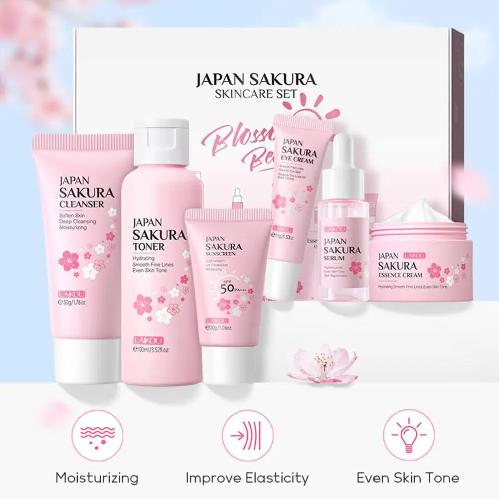 6PCs Sakura Skin Care Sets & Kits With Cleanser,Serum,Eye Cream,Sunscreen Cream Beauty Products For Women Gift Sets Routine Kit Qme